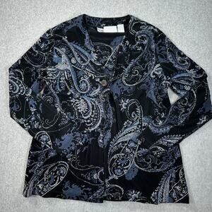 Chicos Travelers Paisley Cardigan Tank Top Set Women Medium Blue Silver Metallic